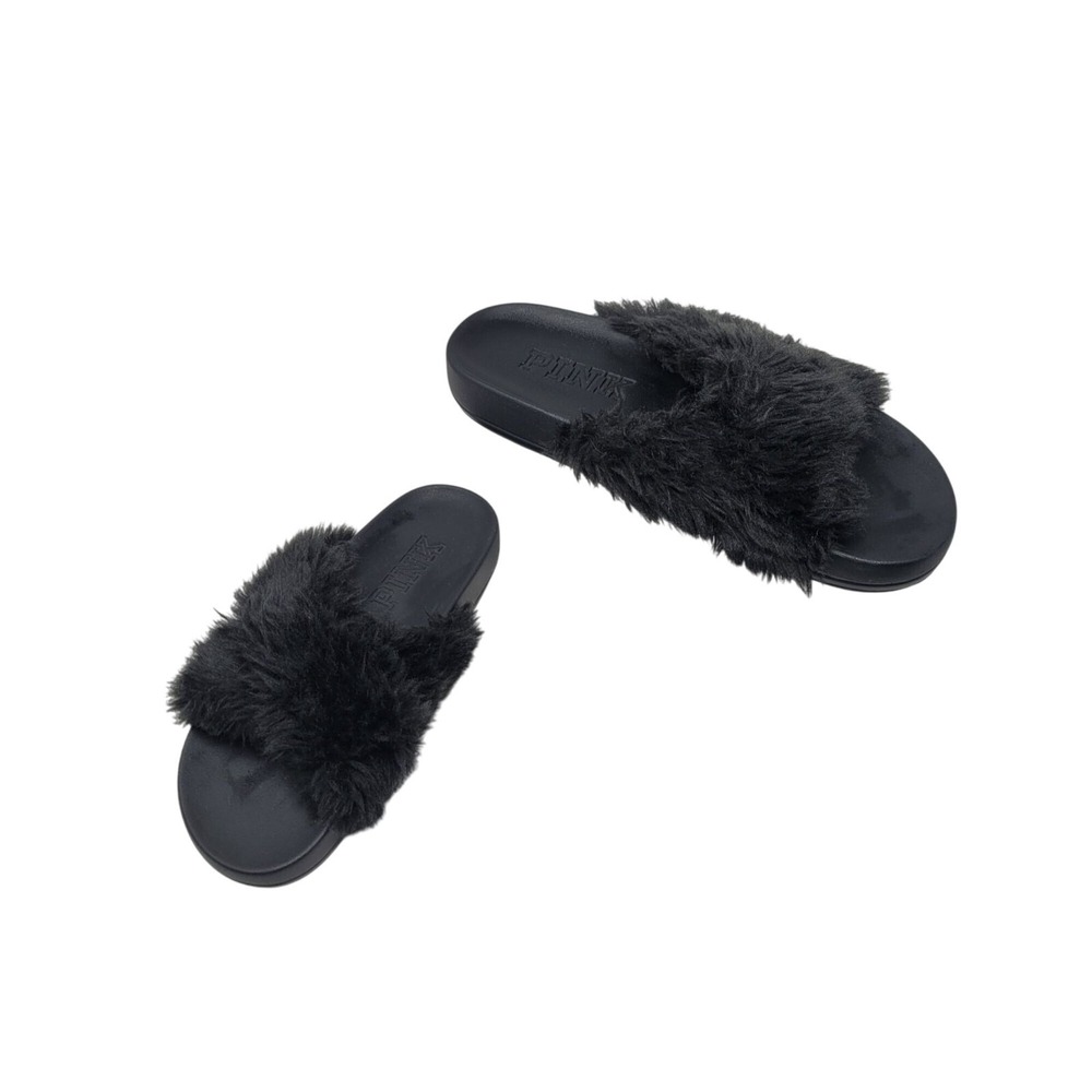 Victoria's Secret Pink Womens Faux‎ Fur Slide Slippers Black S Fuzzy Open Toe
